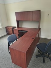Cherry Wood L-Shaped Office Desk w/ Overhead Hutch Cabinets & 2-Drawer File