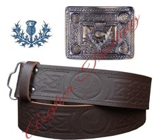 Thistle Embossed Brown Leather Kilt Belt Antique Buckle, Scottish Highland Style
