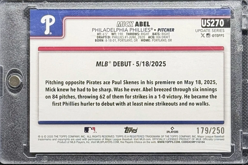 2025 Topps Update MICK ABEL Rookie Debut Purple Foil 179/250 #US270 - Image 2 of 3