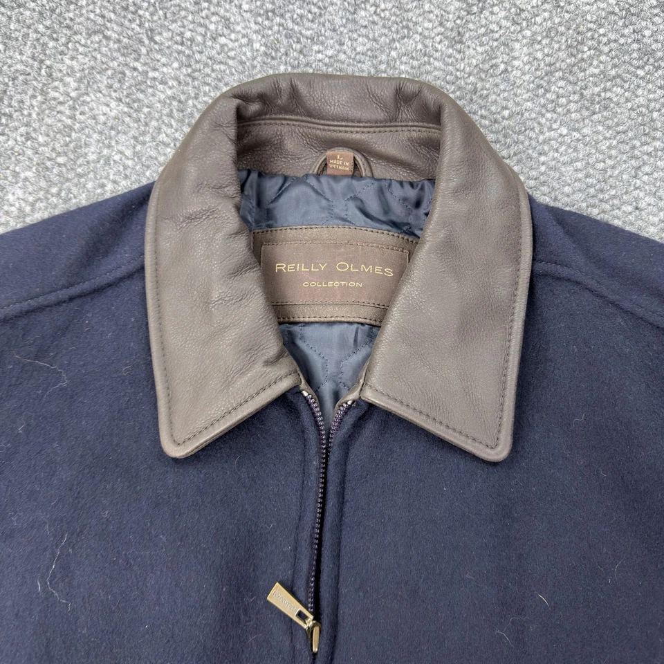 Reilly Olmes Collection Jacket Mens Large Leather Wool Bomber Zip Navy Brown - Image 2 of 4