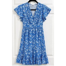 Torary Blue White Floral Wrap V-Neck Ruffle Hem Flutter Sleeve Mini Dress Small