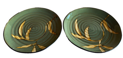 Dakara Dinner Plates 11'' Set 2 Brown Green Pier 1 Gold Hand Painted Stoneware