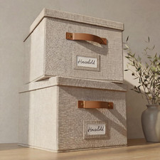 Decorative File Organizer Box Set of 2 - Collapsible Linen Filing Cabinets with