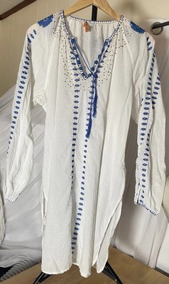 Roberta Freymann White Tunic Embroidered Blue With Gold Sequins Size Large Linen
