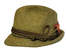 Vintage Green Wool Tyrolean Fedora Hat Sz 7 Feather Pin Braided Rope Accent