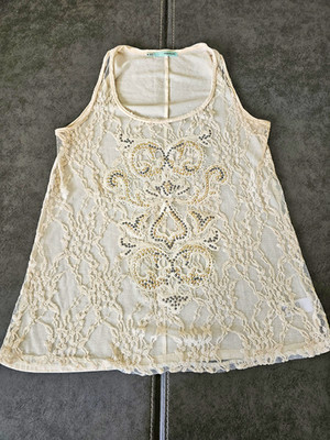 Maurices Ivory Lace Beaded Sheer Scoop Neck Floral Tank Top Women's Medium