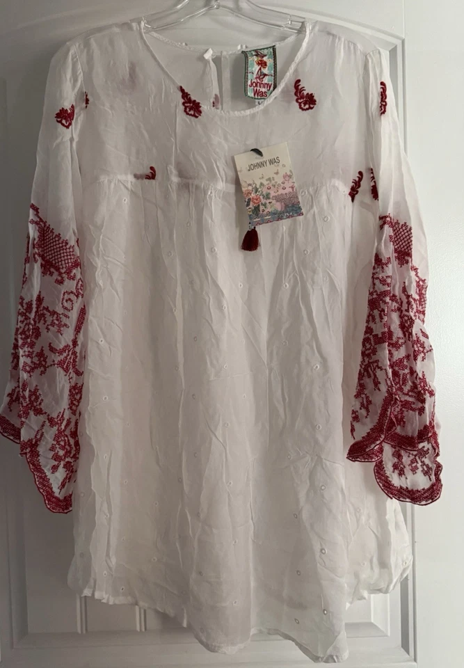 Blusa Campesina Johnny Was Nueva con Etiquetas Intrincada Bordada Blanca Roja Transparente Ojales L Foto 2 de 4