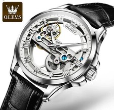 OLEVS Skeleton Watches for Men Automatic Self Winding Mechanical Luxury Leather