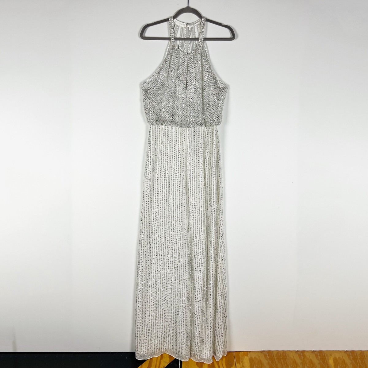 NEW Parker Lita Halter Keyhole Sequin Beaded Embellished Gown Dress Silver  White | eBay