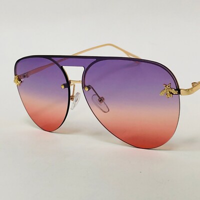 Round Sunglasses Bee Accents Purple Pink Gradient Lens Fashion Shades Luxury