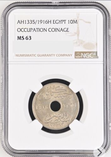 EGYPT, 1916H COPPER NICKEL 10 MILLIEMES. SULTAN HUSSEIN KAMEL. NGC MS 63. RARE. - Picture 1 of 2