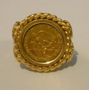 Vintage 14k Gold 1945 DOS PESOS COIN RING, stamped ITALY