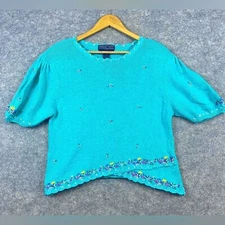 Vintage Herman Geist Linen Blend Sweater M Floral Hand Embroidered Turquoise