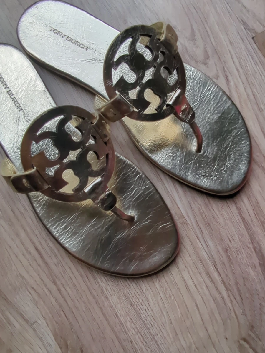 Tory Burch Miller Metallic Wrinkled Gold Leather Sandals Womens