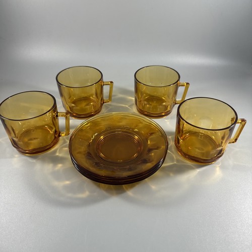 Set-4 Vintage Arcoroc France Durand Petale Amber Thumbprint Glass Cups & Saucers - Picture 6 of 7