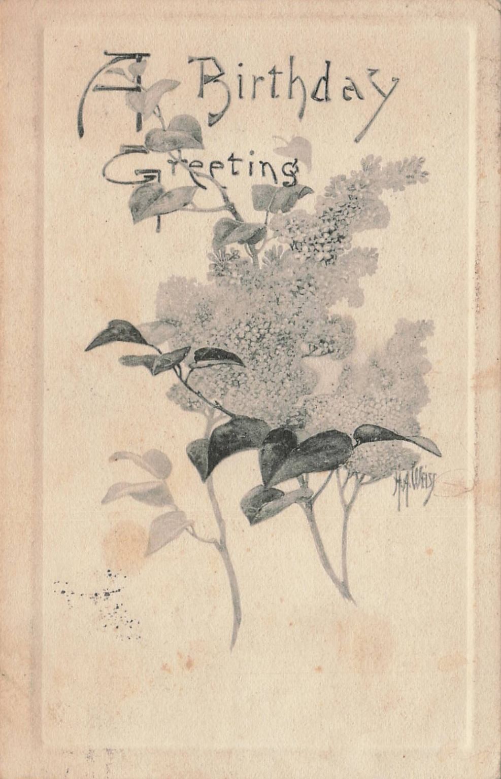 1912 Birthday Greeting Postcard Lilac Flowers H.M. Wiese Art Posted