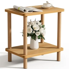 2 Tier End Table Low Table with Solid Wood Legs, Small Coffee Table Side Tabl...