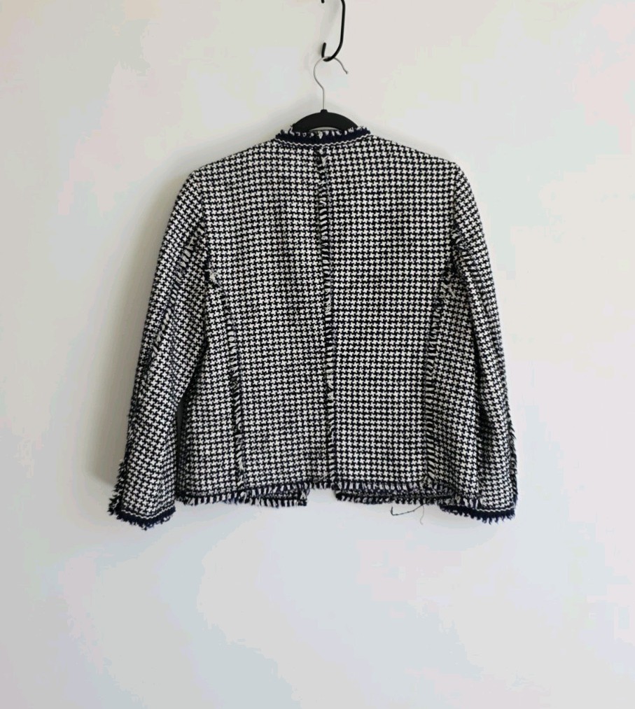 Zara Frayed Womens Navy & White Houndstooth Tweed Open Jacket Size L image 8