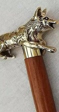 Brass Wolf Head Handle Walking Stick  Wooden 3-Fold Victorian Style Cane Gift