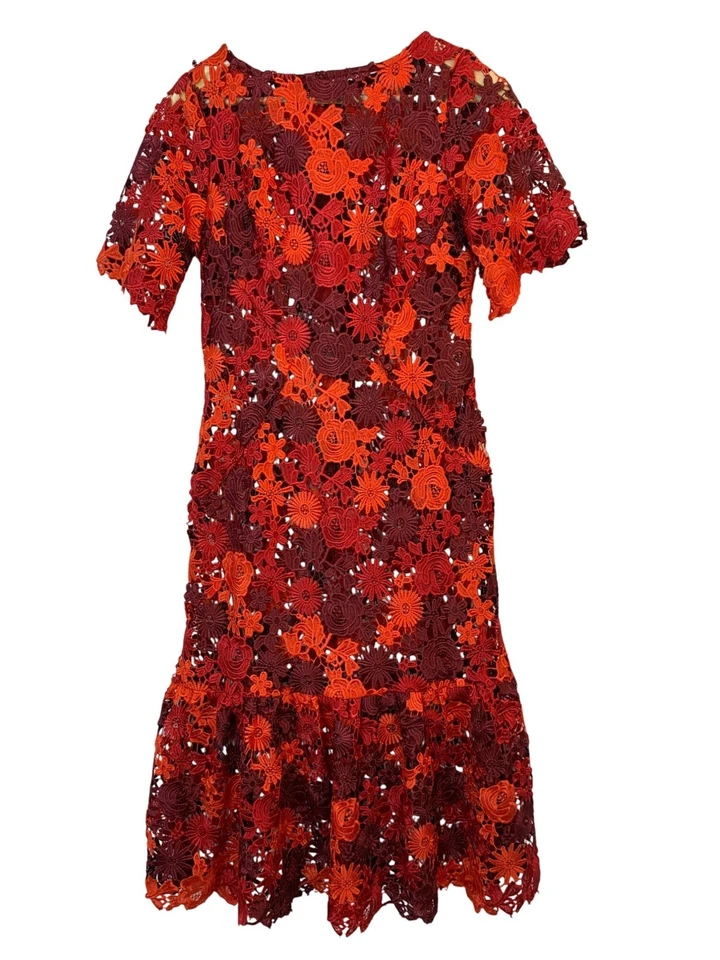 Vestido Eva Franco Anthro Rojo Naranja Encaje Crochet Floral Transparente Talla S RX10444 NUEVO CON ETIQUETAS Foto 2 de 4