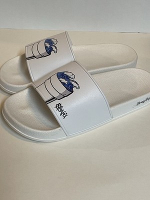 White Slide Sandals with Blue Wave Graphic