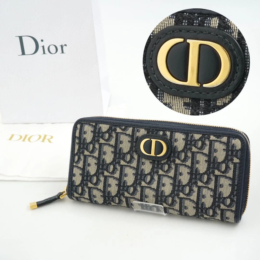 Dior Trotter Portefeuille Long Logo CD Zip Rond avec Sac de Rangement Authentique