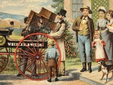 1890s Wheeler & Wilson’s New Sewing Machine Ad Trade Card Family Loading Wagon