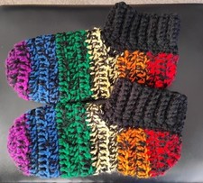 Handcrafted/crochet slippers, variegated Rainbow/Black Striped. Sz 9-10.