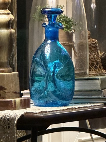 Vintage BLENKO #49 Pinch Decanter Ocean Blue CRACKLE GLASS - 1962 - Picture 1 of 14