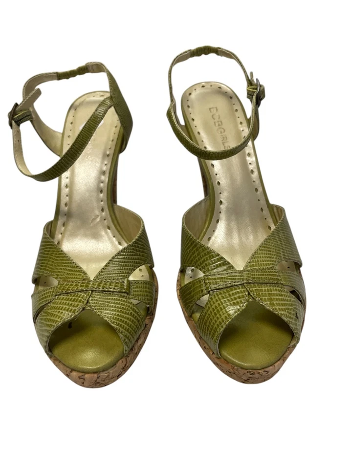 Zapatos de salón de corcho BCBGirls punta abierta tacón alto para mujer 8,5 B correa de tobillo de cuero verde Foto 3 de 4