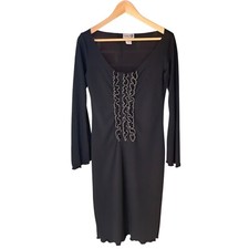 VTG Luly K Dress Sheer Black Midi Ruffled Front Bell Sleeves Sz L Witchy Goth