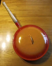 Vintage Descoware Skillet Wood Handle 23-D Orange Flame Enamel Cast Iron Belgium