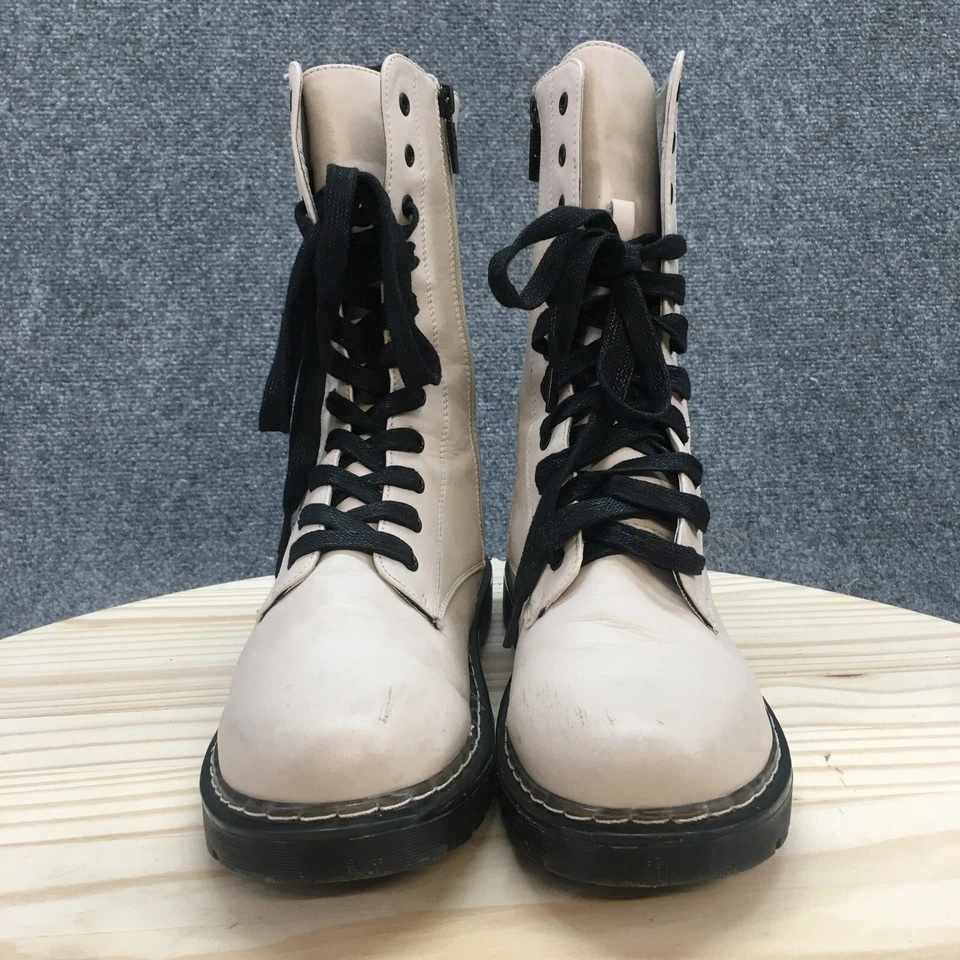 MTNG Combat Boots Womens 41 Cream Faux Leather Side Zip Mid Calf Round Toe - Image 4 of 4