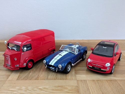 3x Model Car Welly 1:24 Citroen Type H, 1965 Shelby Cobra 427, 2007 Fiat 500