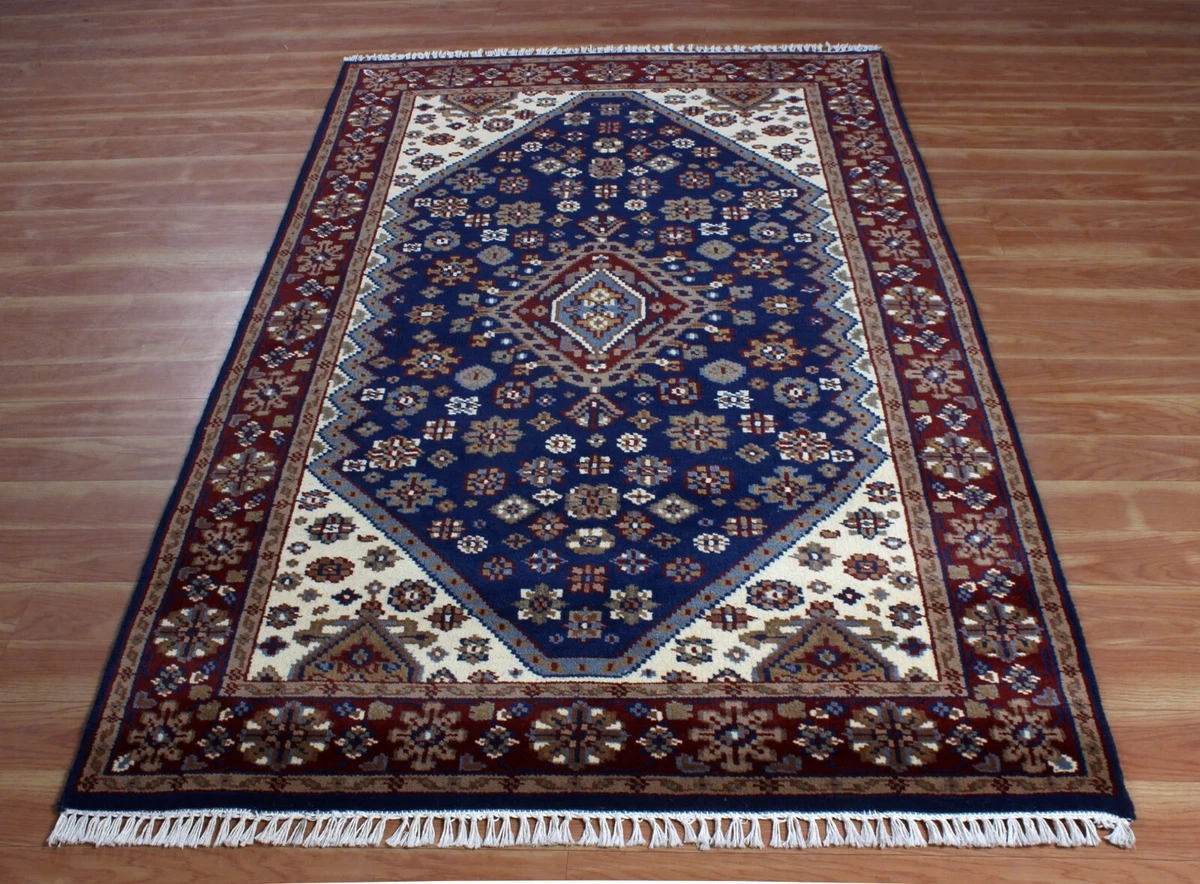 Living Room Blue Geometric Wool Carpet Hand Knotted Oriental Area