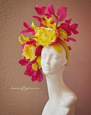 Aimee Fuller Kentucky Derby Hat Large Hot Pink Fuchsia Yellow Jeweled Fascinator