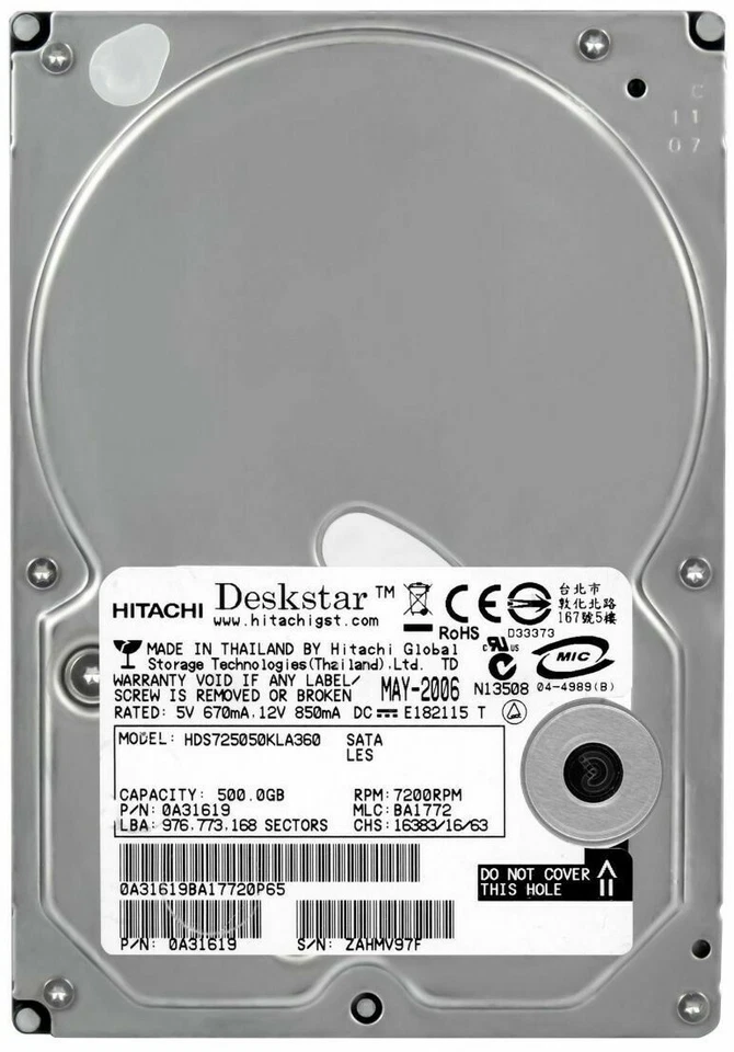 Disco Rigido Hitachi Deskstar E7K500 HDS725050KLA3 500GB 7.2K 16MB SATA II 3.5'' - Immagine 3 di 3