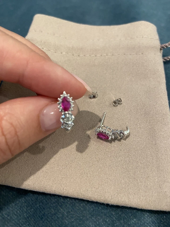 Estate Synthetic Ruby White Quartz 10K Gold Fancy J Hoop Earrings - Image 3 of 4