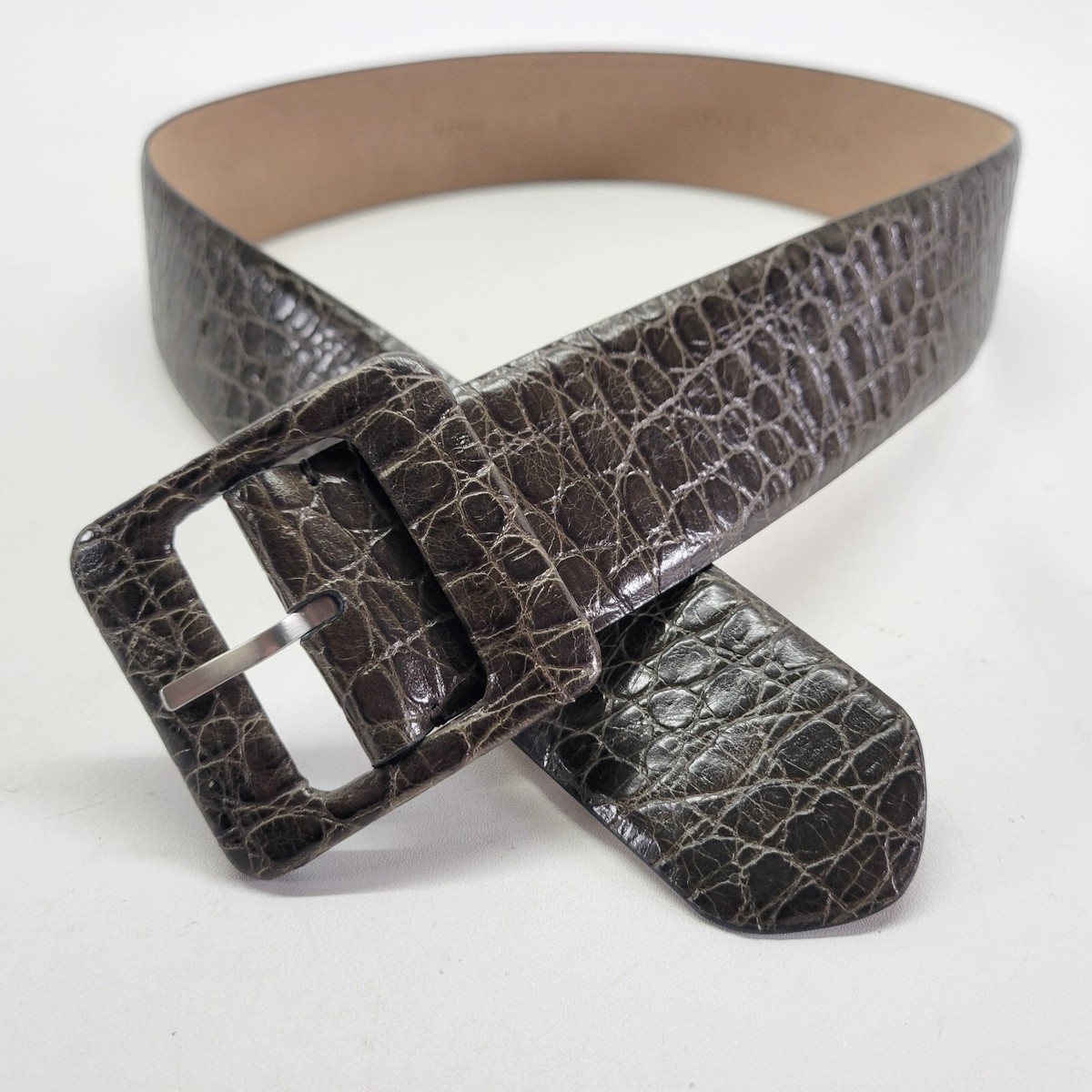 Ann Taylor Leather Belt 28 30 S Alligator Croc Print Dark  display picture 3