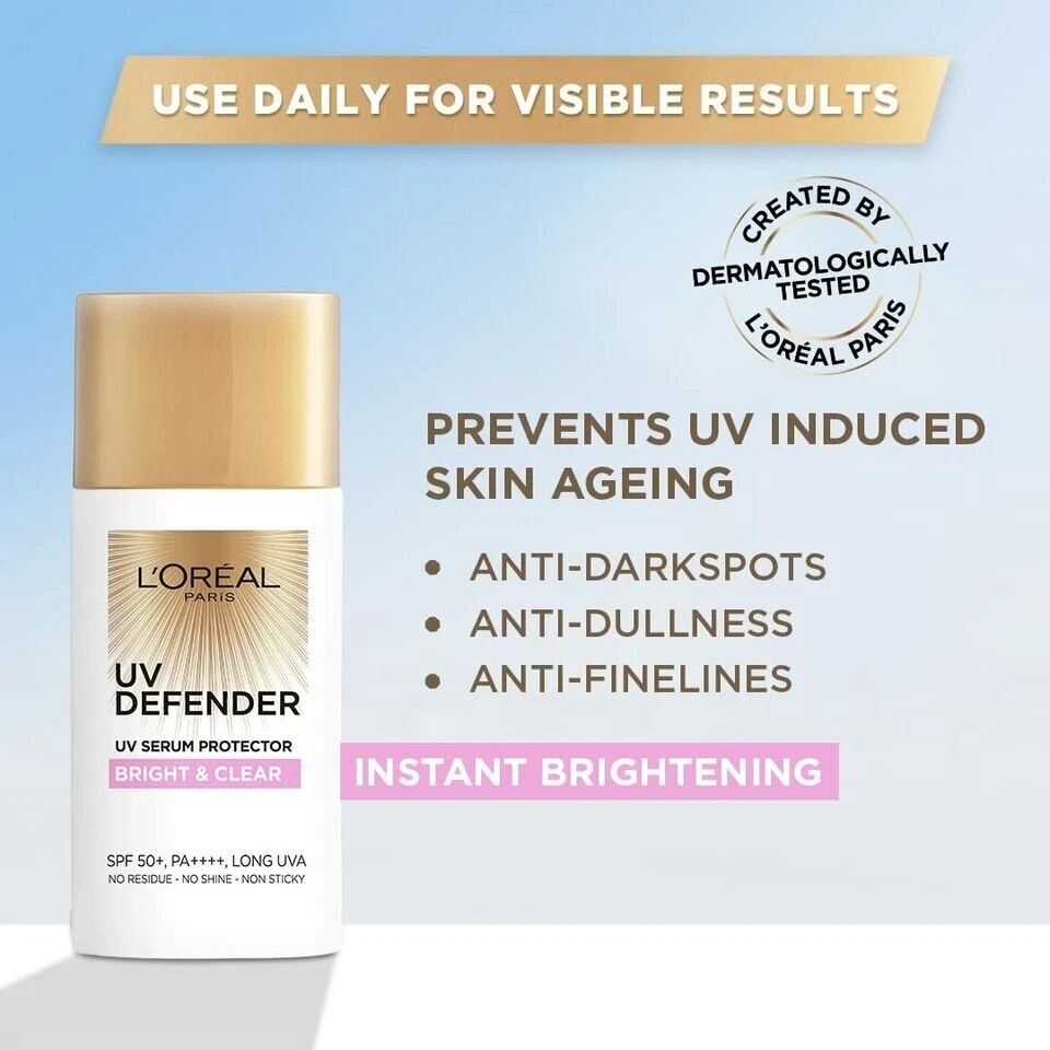 L’Oréal Paris UV Defender Serum Protector Sunscreen SPF 50 PA+++, Bright & Clear - Image 2 of 4
