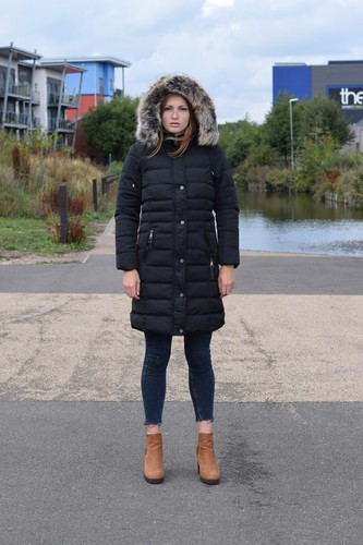 Womens Long Fur Trimmed Hooded Padded Puffer Parka Ladies Winter Jacket Coat - Picture 10 of 13