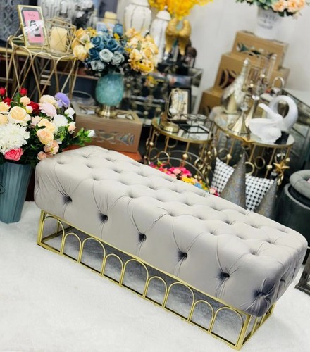Bed end tufted long bench seating with gold metal base grey velvet 125 - Picture 23 of 23