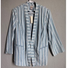 NWT Chico's Blazer Sz 1P Indigo Stripe Open Front Hook Eye Cotton Stretch Jacket