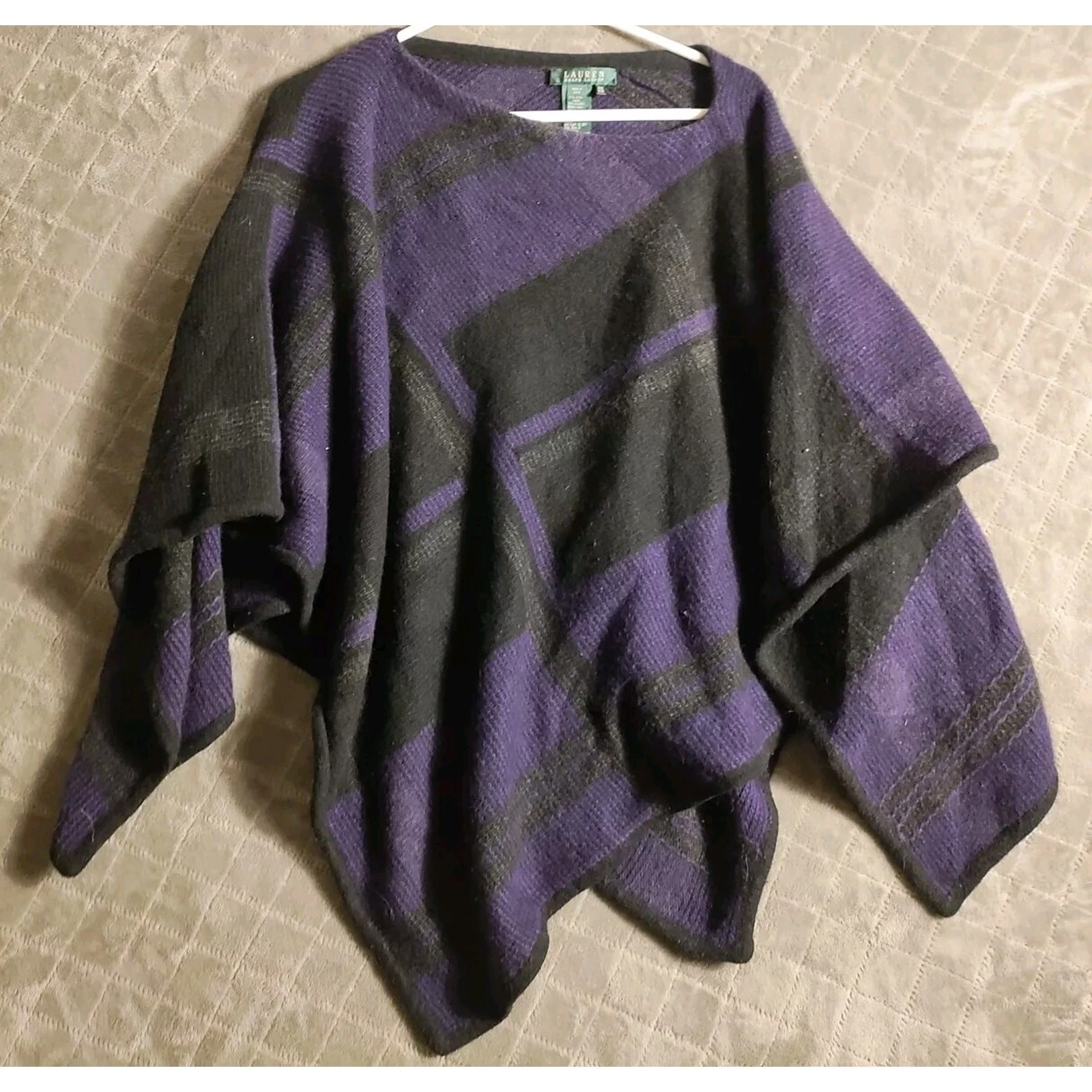 Ralph Lauren Plaid Wool & Angora Poncho Sweater Women's One Size Purple & Black