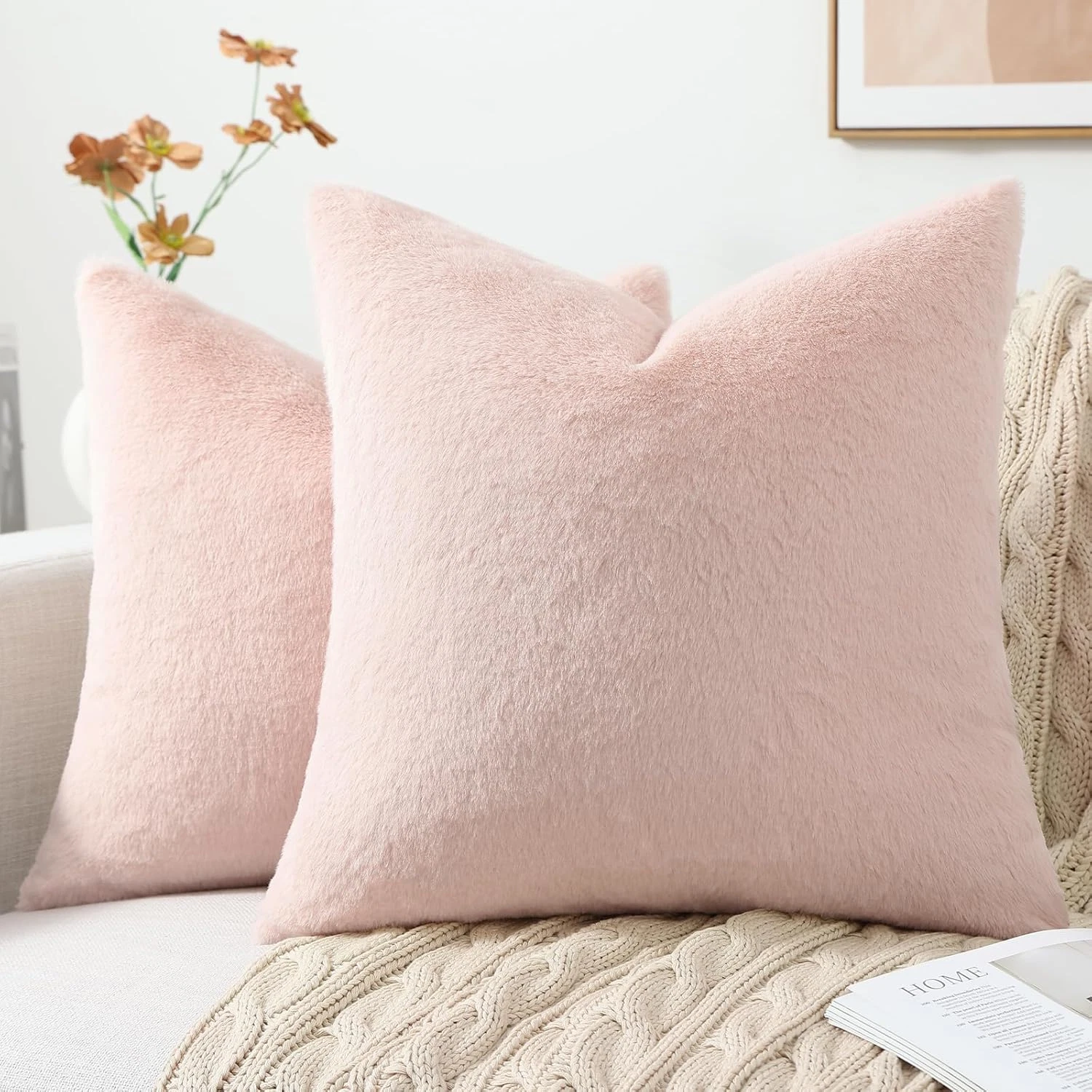 Faux Fur Plush Throw Pillow Covers 18X18 Set of 2, Luxury Soft Fluffy Cozy Decor