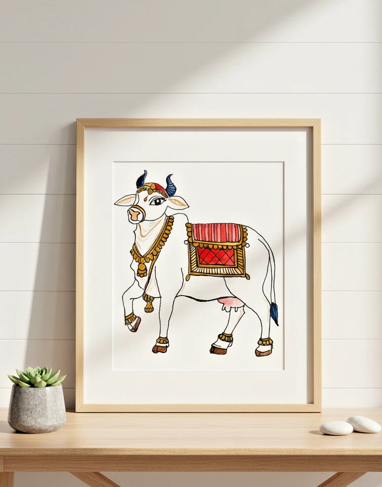 Набор картин Pichwai Cow & Ganesha художник подписал оригинал 8,5 X 11 дюймов без рамок - Изображение 2 из 4