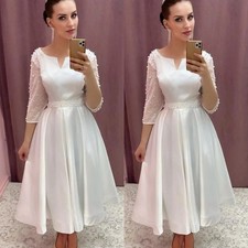 Short Wedding Dresses White Pearl Tea Length Satin with Belt Elegant Bridal Gown