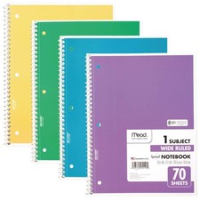 Spiral Notebook, 4 Pack, 1 Subject, Wide Ruled Paper, 7-1/2" x 10-1/2", 70 Sh...