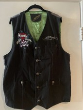 Vintage Don Ed Hardy by Christian Audigier Vest Embroidered Blue Velour Skull L