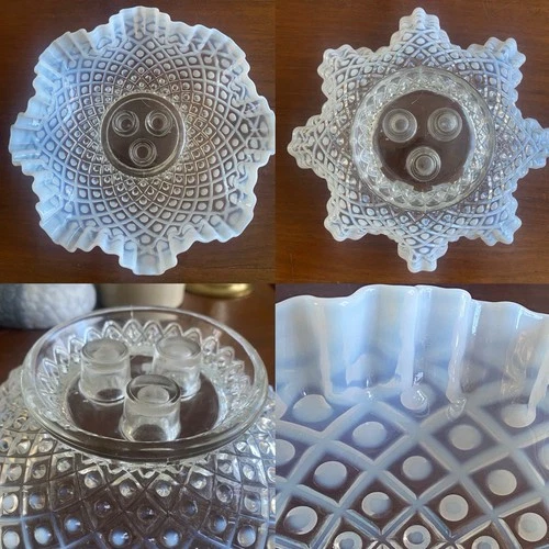 Vtg Fenton Opalescent Diamond Lace Hobnail Epergne 10-1/2” Bowl Ruffled Edge